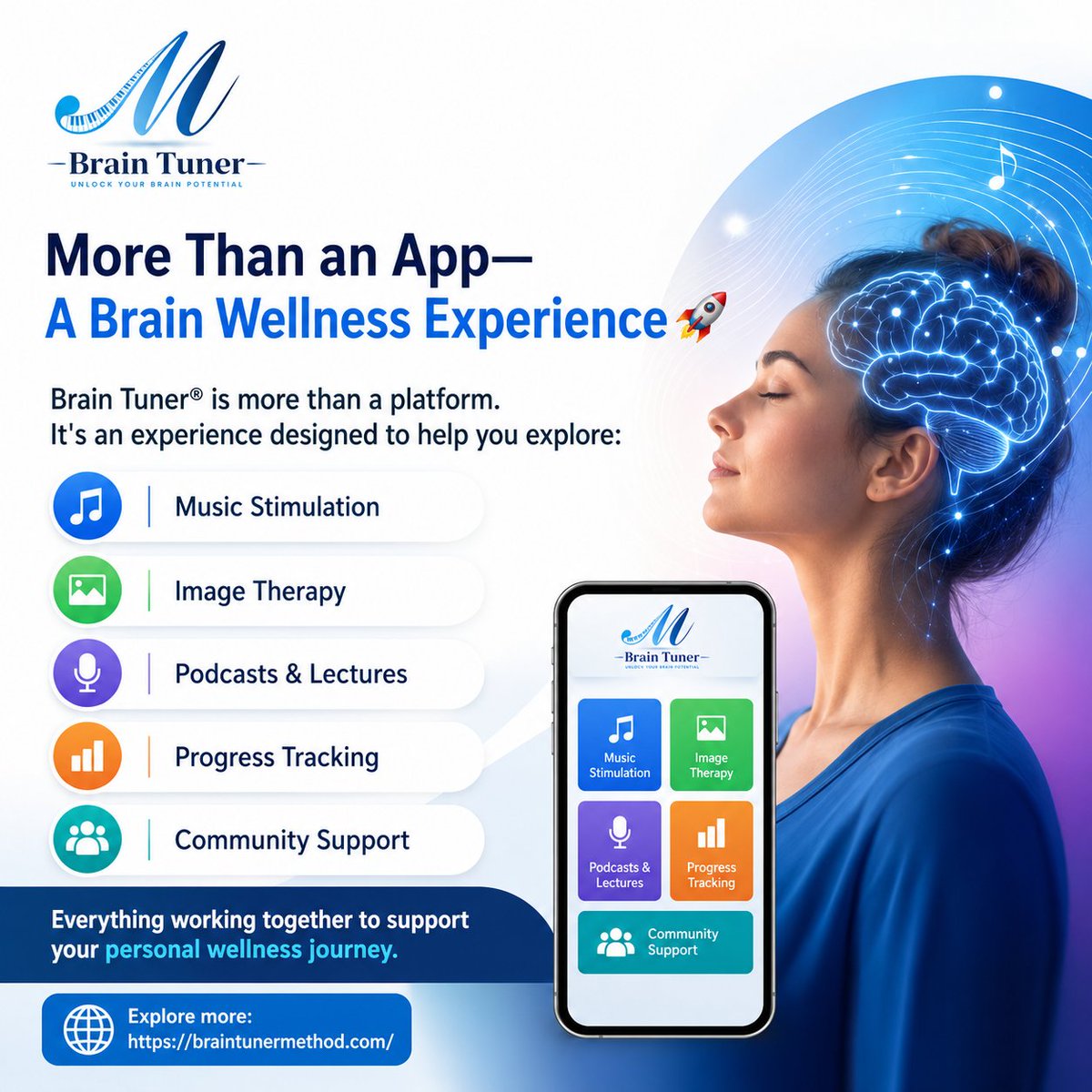 BrainTuneMethod's tweet photo. 🧠 Brain Tuner® is more than a platform—it's a complete wellness experience.

Explore music stimulation, image therapy, podcasts, progress tracking, and a supportive community to help you build healthier habits and greater mental wellness.

🌐https://t.co/HWr7KTc3ka

#BrainHealth https://t.co/pGtOE5zOz2