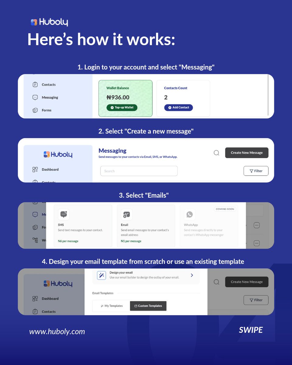 HubolyHQ's tweet photo. Here's how it works:
Add your contacts → pick SMS or Email → design your email → hit send.
That's it. https://t.co/Yx69BdqXDR