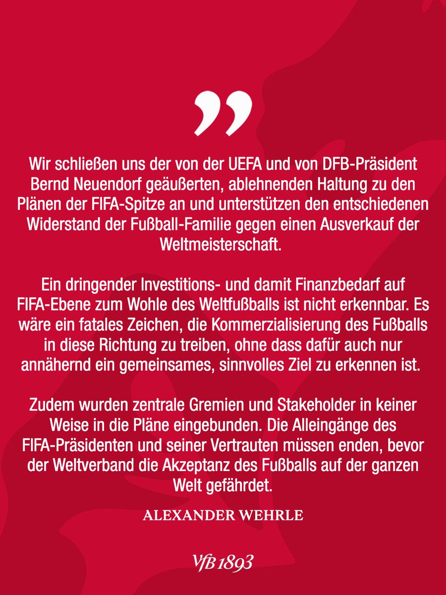VfB's tweet photo. VfB gegen Investoren-Pläne der FIFA
Der VfB Stuttgart sieht die Pläne des Fußball-Weltverbandes FIFA zur Integration von Investoren in die Fußball-Weltmeisterschaft sehr kritisch.

Zur Meldung: https://t.co/KhL9RgiKoh

#VfB | #VfB1893 https://t.co/KW53ZDHfMt