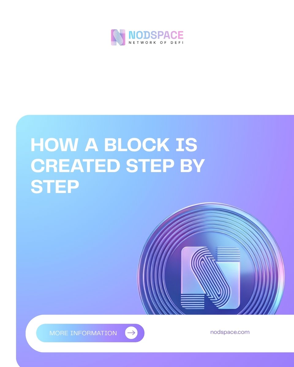 NodspaceLimited's tweet photo. How a Block Is Created Step by Step

A blockchain block is created by grouping together verified transactions that are waiting to be confirmed. These transactions are collected from the network's transaction pool and organized into a new candidate block. The block includes essential information such as a timestamp, the hash of the previous block, and a Merkle Root representing all included transactions.

Validators or miners then verify the block according to the network's consensus mechanism before it can be added to the blockchain.

Once approved, the new block is distributed across the network, where every node verifies and stores it. This structured creation process ensures data integrity, chronological order, and the continued security of the blockchain.