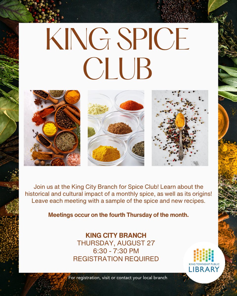 KingLibraries's tweet photo. Are you wondering what to do with the countless spice jars in your drawer? Join Spice Club and we'll walk through a new spice each month - how it's grown, historical uses, and new recipes. 👩🍳👨🍳
#SpiceClub #KingLibraries #KingTownship https://t.co/wdVuMltC8P