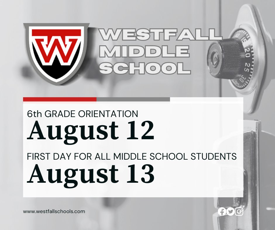 westfallwms's tweet photo. First day/Orientation for 6th grade will be Wednesday, 8/12. It will be a full day for 6th-grade students, with transportation and meals provided. Students will receive their schedules &amp; become familiar with their classes &amp; teachers. First Day for Grades 7 &amp; 8 is Thursday, 8/13. https://t.co/nknBOI42TZ