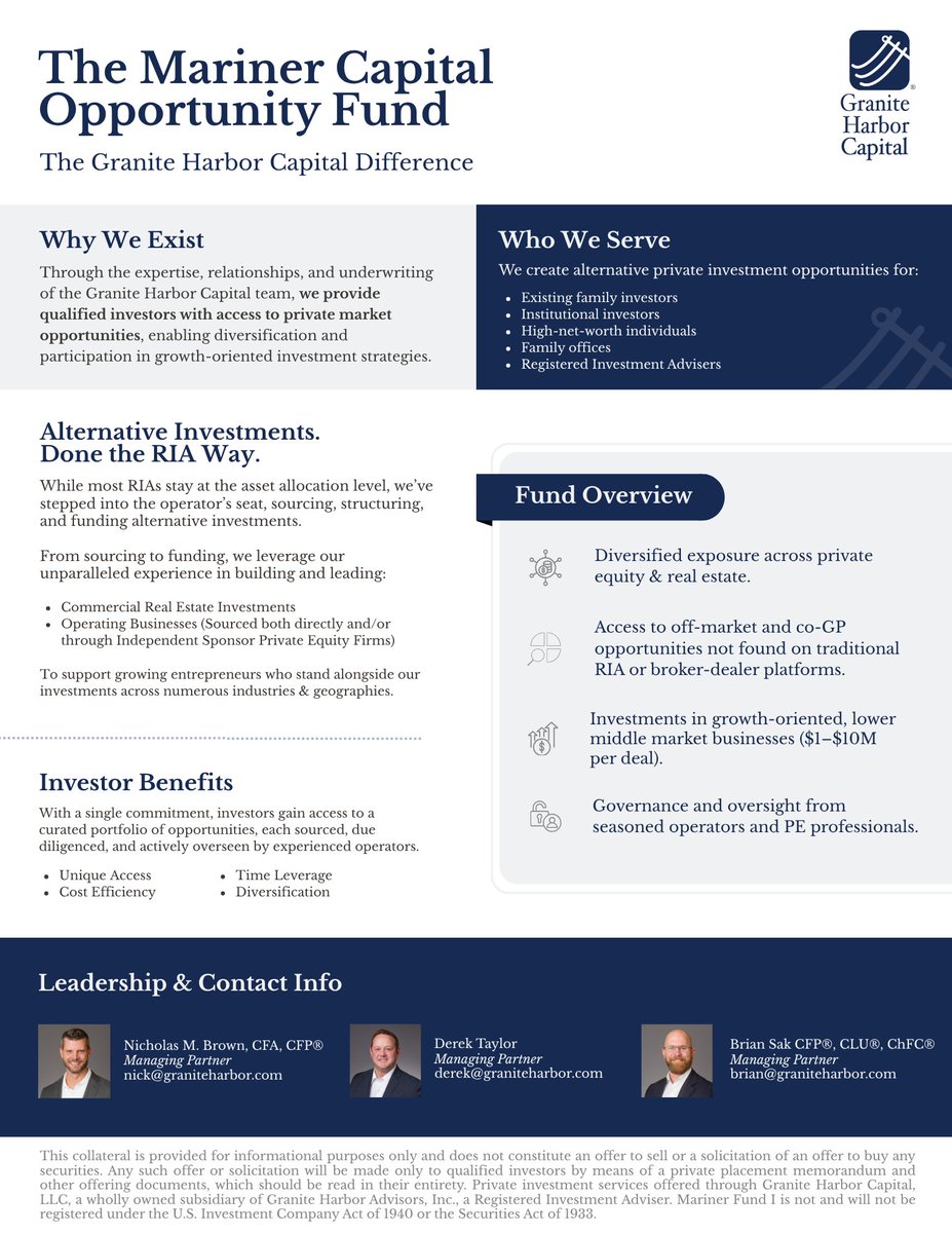GHAdvisors's tweet photo. Private markets have historically been difficult for many investors to access—not because of a lack of opportunity, but because of the time, relationships, and expertise required to identify and evaluate them.

At Granite Harbor Capital, our focus is on providing qualified investors with curated access to private equity, real estate, and select private credit opportunities through a disciplined, operator-led approach. Every opportunity is evaluated with the same long-term perspective that guides our investment philosophy.

 🔗 Learn more about the Mariner Capital Fund: https://t.co/4Mpj0DfdfH

#GraniteHarborCapital #PrivateMarkets #PrivateEquity #RealEstateInvesting #AlternativeInvestments #LongTermInvesting #WealthManagement