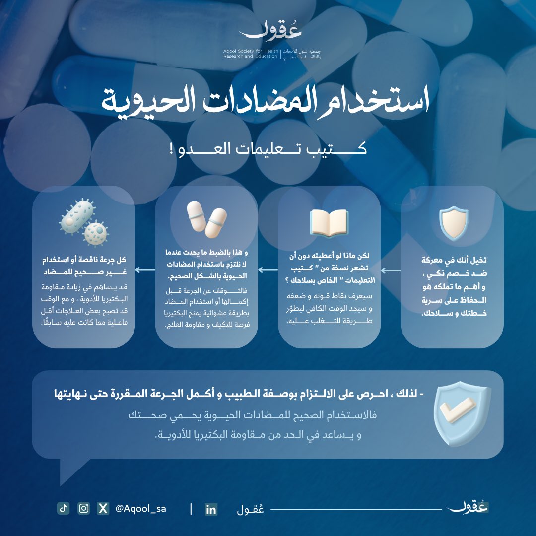 Aqool_SA's tweet photo. وُجدت المضادات الحيوية لمكافحة العدوى البكتيرية، لكن التوقف عنها فور التحسن يمنح البكتيريا سلاح المقاومة، ويجعل علاجها مستقبلاً أشد صعوبة.

في #بيان_عقول نسعى لنشر الوعي الصحي، ونذكرك بإتمام جرعاتك كما وصفها الطبيب حفاظًا على سلامتك، فالوعي أول الدواء 💊

#عقول
#عقول_تمتد_بالاثر https://t.co/Erd6gOKQAE