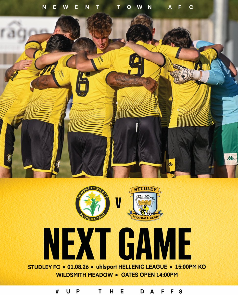 NewentTownDevs's tweet photo. NEXT GAME 🚨
We’ve got our first home game of the new season this weekend. Opening match of the Hellenic League.

📆 Saturday 1st August 2026
🆚 @StudleyFC
🕒 3pm KO
🏟️ Wildsmith Meadow, Newent
GL18 1HE
🍺🍔 Bar and food available.

Come and support the Daffs.
#UpTheDaffs 🟡🌼 https://t.co/ULBBT7OteB