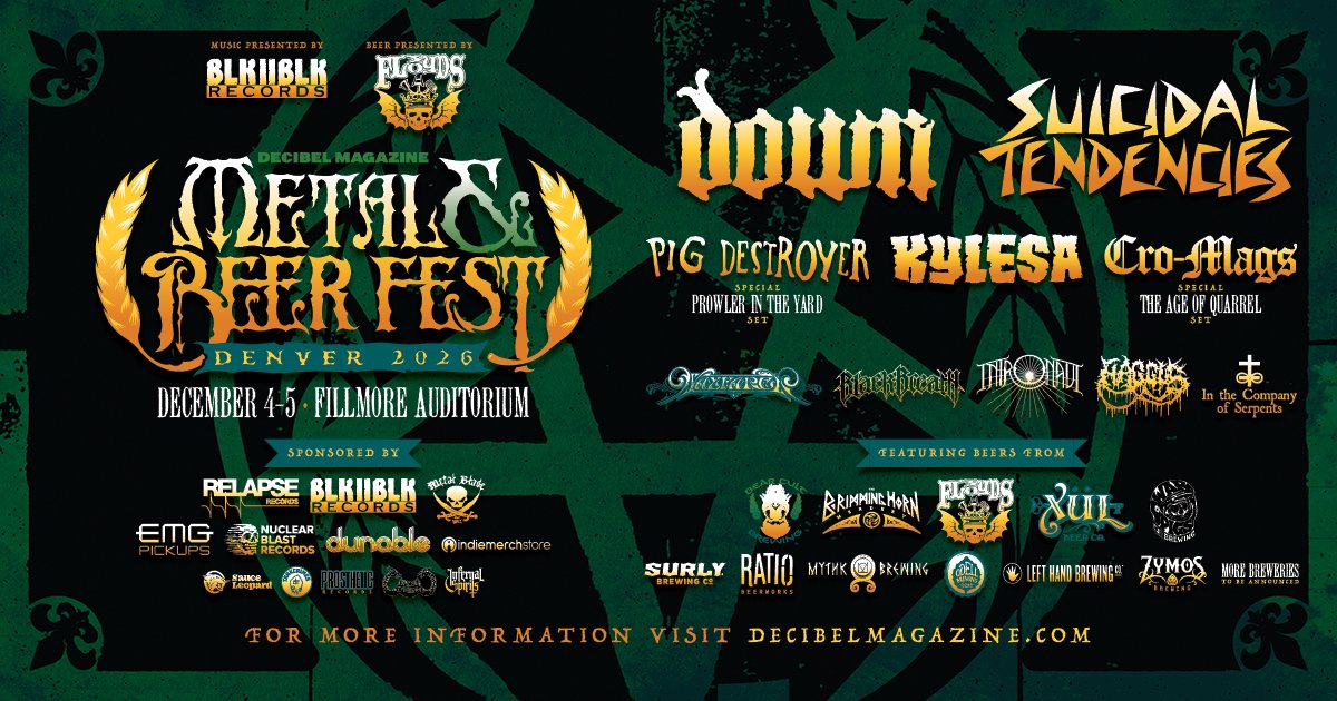 FillmoreDEN's tweet photo. Last chance for Early Bird 2 and 3-day tickets! 🤘 Decibel Magazine Metal &amp; Beer Festival heads back to the Fillmore with a STACKED lineup!

Dec. 4-5 + a special pre-fest at Ratio Beerworks on Dec. 3 🍻 

Single Day Passes On Sale | This Friday 10am
🎫 https://t.co/QR50pdXw6h https://t.co/Tyy0QooybN