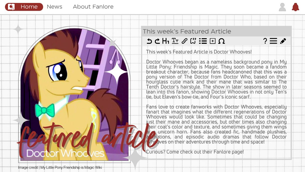 fanlore_wiki's tweet photo. This week's #FeaturedArticle is Doctor Whooves! Starting out as a nameless background pony in #MLPFIM they became a fandom breakout character because fans headcanoned that this was a pony version of The Doctor from #DoctorWho. Why? Check out it on Fanlore! https://t.co/cbVeJjw0Va https://t.co/BATXVRruNV
