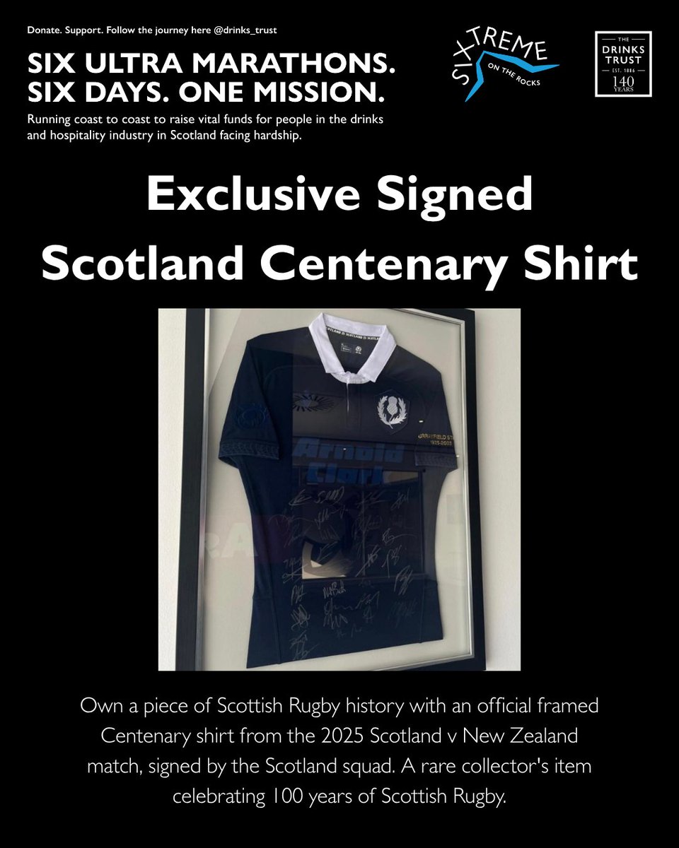 drinks_trust's tweet photo. Why not bid on an official Scottish Rugby Centenary shirt from the 2025 Scotland vs New Zealand match? Professionally framed and signed by the Scotland squad who played in the match, this is an exclusive item to celebrate 100 years of Scottish Rugby. https://t.co/ocxYTjUbJH https://t.co/dQuZJZnSap