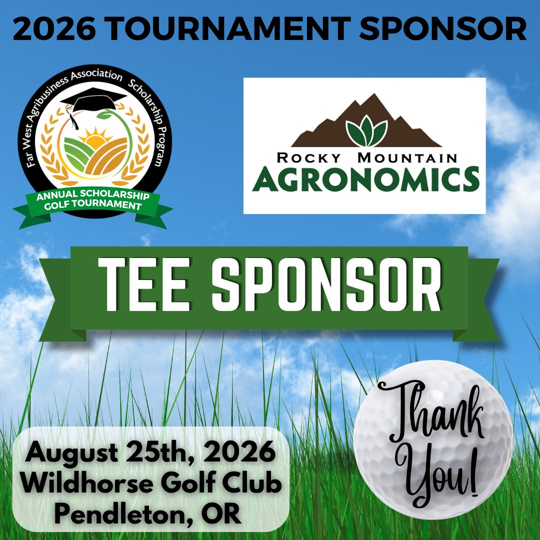 FWAAorg's tweet photo. A big thank you to Rocky Mountain Agronomics for being a Tee Sponsor at the 2026 Annual Scholarship Golf Tournament! Join us August 25th at Wildhorse Golf Club in Pendleton, OR! Register today: https://t.co/MhplWUu0lJ
#ThankYou #RockyMountainAgronomics https://t.co/6cxhLniVti
