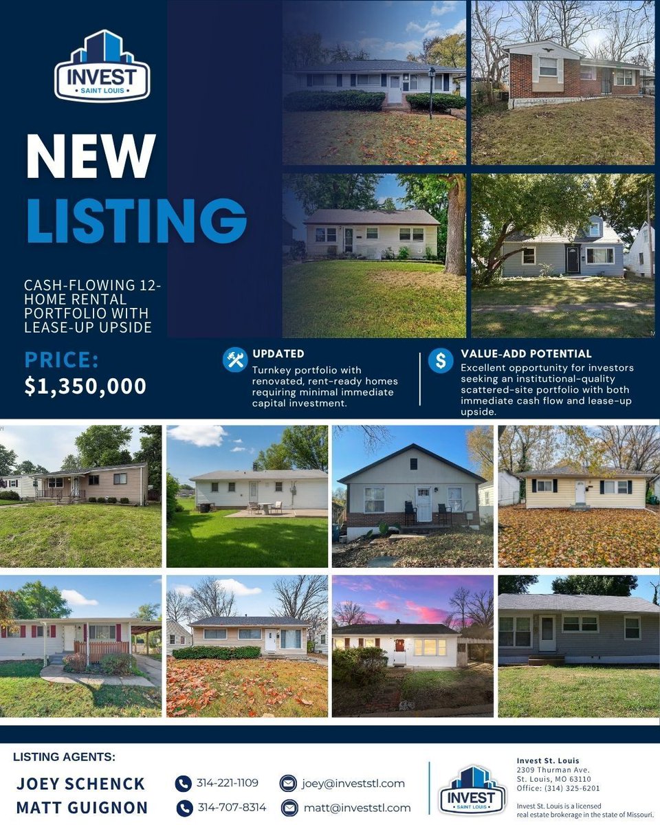 InvestSTLouisRE's tweet photo. 🏡 New Listing | 12-Home Rental Portfolio

A rare opportunity to acquire a turnkey portfolio of 12 single-family rental homes offering immediate cash flow and additional lease-up upside.
Offered at $1,350,000.

Contact Joey Schenck or Matt Guignon today
📞 (314) 325-6201 https://t.co/2cJDf8aJk4
