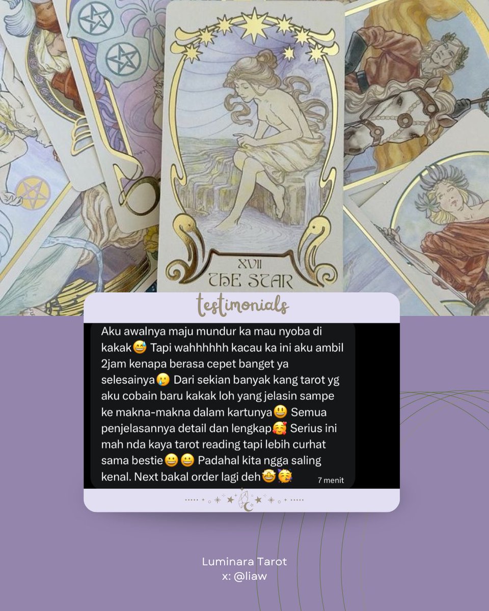 LiaW's tweet photo. Dear c✨

Terimakasih sudah menyempatkan waktunya buat baca tarot di #LuminaraTarot https://t.co/EluUXIw9uE
