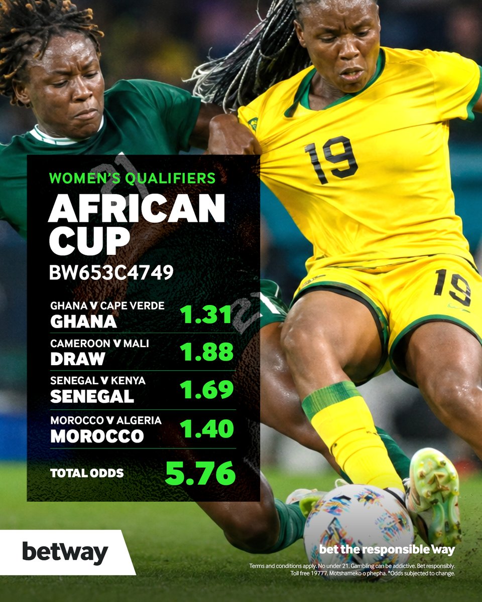 BetwayBW's tweet photo. Women's African Cup qualifiers are heating up! Who are you backing to win? Ghana, Senegal, Morocco, or will we see a surprise draw? Check out the latest odds and lock in your picks for a shot at glory. Loga slip sa gago fa 👉 https://t.co/RkphJO2xWS
#Betway #AfricanCup #BetTheResponsibleWay