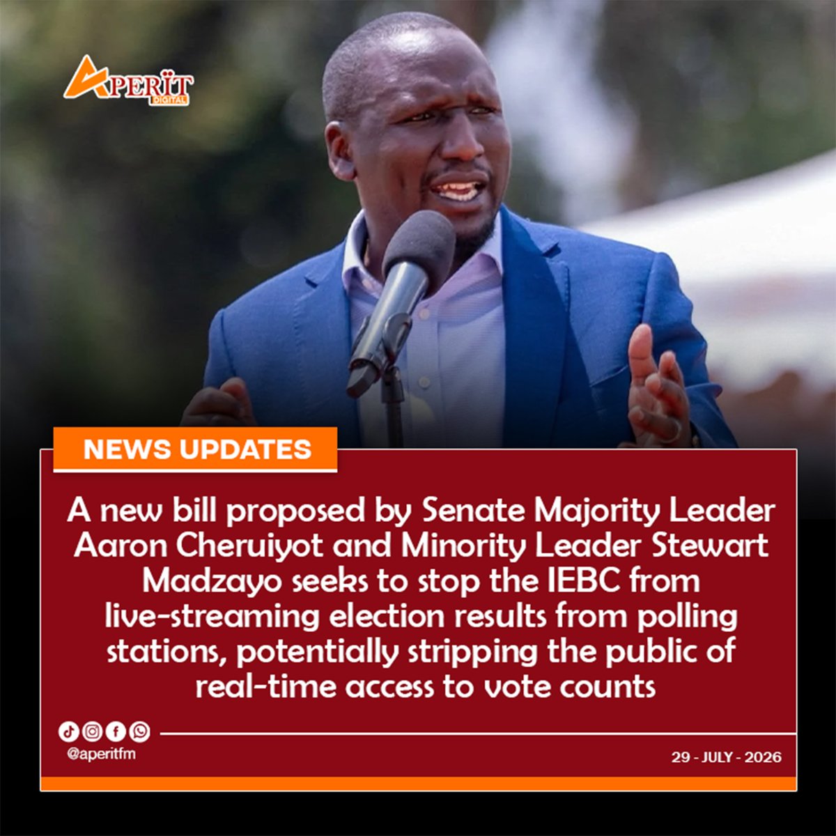 Aperit_fm's tweet photo. A new bill proposed by Senate Majority Leader Aaron Cheruiyot and Minority Leader Stewart Madzayo seeks to stop the IEBC from live-streaming election results from polling stations, potentially stripping the public of real-time access to vote counts.
#aperitfmnews https://t.co/0Lfh9BooOr