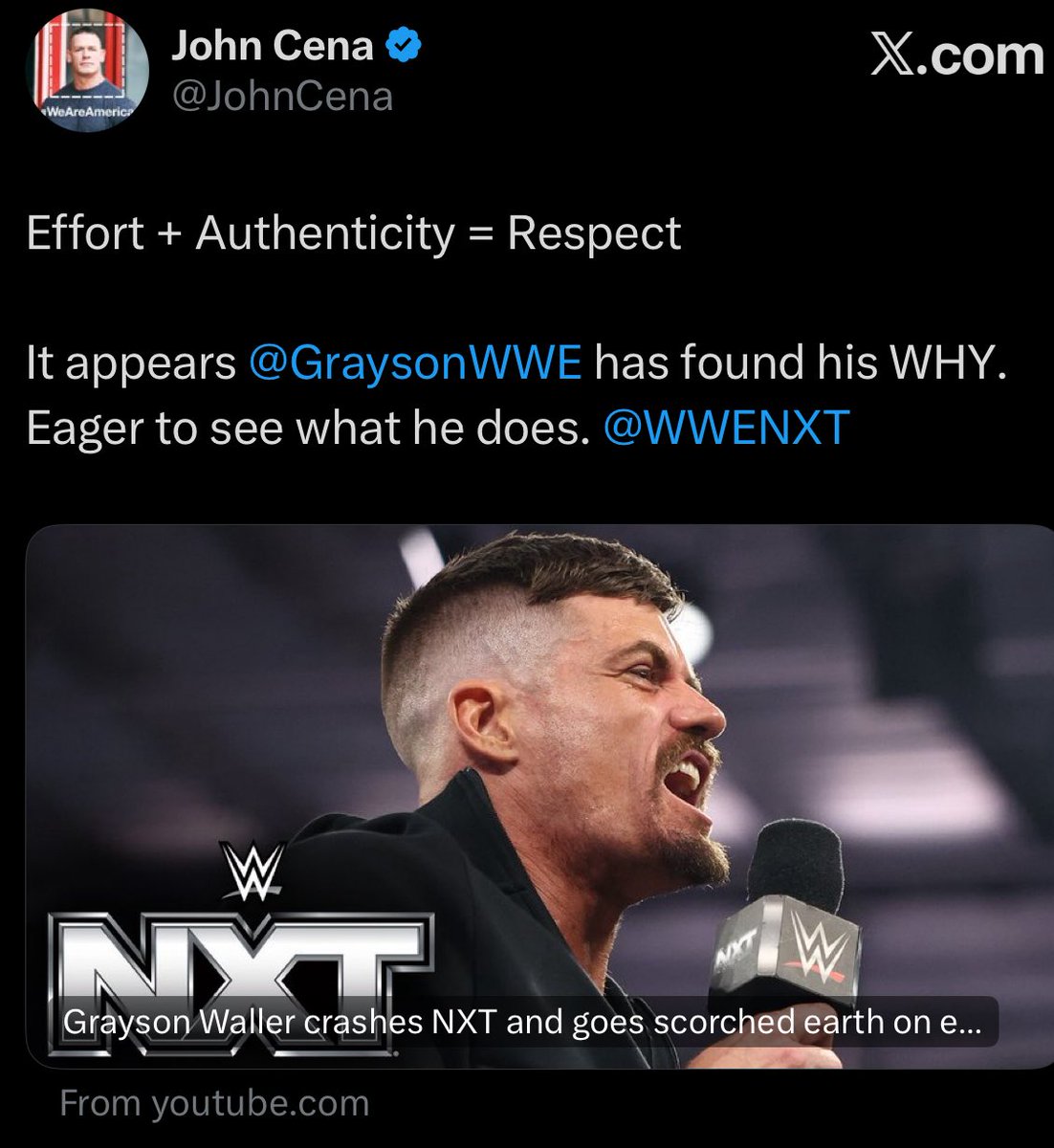 reigns_era's tweet photo. GOAT praising Grayson Waller’s promo from last night.

#WWENXT https://t.co/uzVA4ngSX4