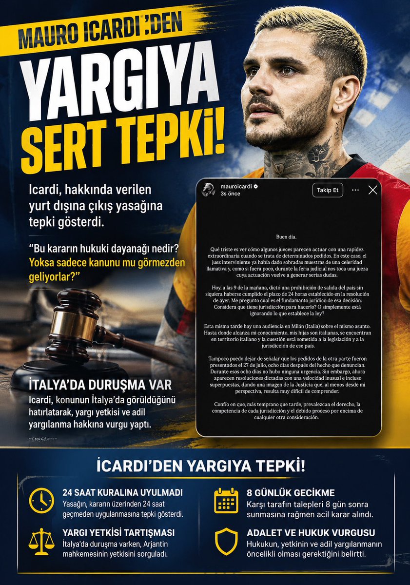 Feneristcom's tweet photo. Mauro Icardi'ye yurt dışına çıkış yasağı getirildi. 

"Bugün sabah 9'da, dünkü kararda belirlenen 24 saatlik süre bile dolmadan yurt dışına çıkış yasağı kararı verildi. Bu kararın hukuki dayanağının ne olduğunu merak ediyorum. Er ya da geç hukuk kazanacaktır." https://t.co/dIDUG4MfzD