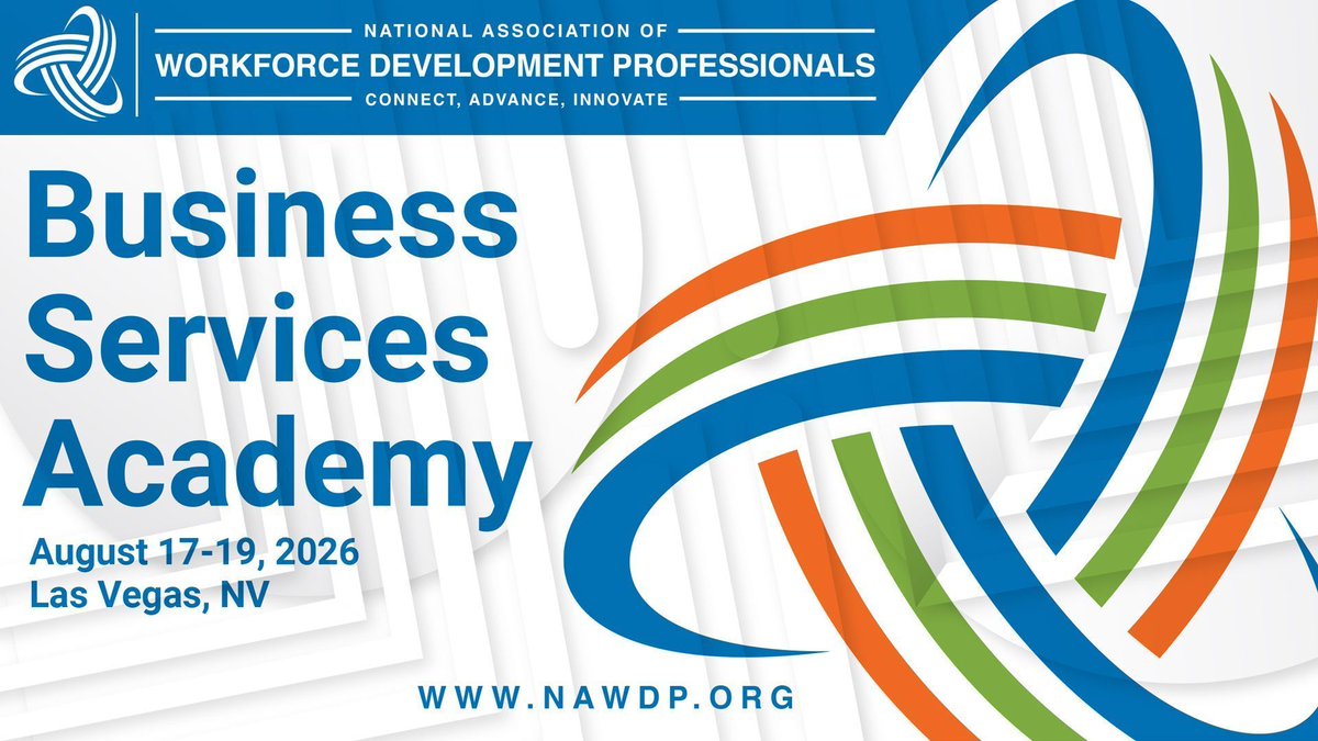 NAWDP's tweet photo. One week left to register for the 2026 NAWDP Business Services Academy in Las Vegas on Aug. 17-19. Whether you are building employer partnerships, supporting industry engagement, or leading business services efforts, this academy is built for you.  https://t.co/0zILu6xQKe https://t.co/VVLXfncnmZ