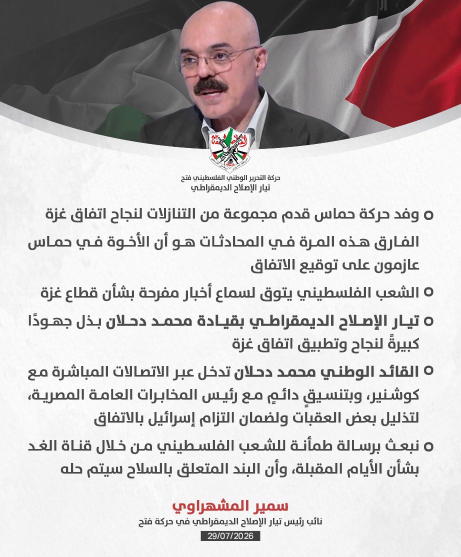 MohammadZbadat's tweet photo. المشهراوي للغد: تيار الإصلاح الديمقراطي بقيادة محمد دحلان بذل جهودا لنجاح وتطبيق اتفاق غزة https://t.co/l0YmNAJrNN
