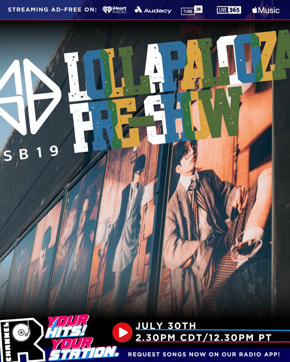 channelrradio's tweet photo. 🚨 1 DAY TO GO! Tomorrow SB19 makes Lollapalooza history AND drops new single "LAWLESS." Last call to help shape our fan-fave hour that plays before they hit the stage! 🎶🔥

👉 https://t.co/i4L5oxxlYW

#ChannelRxSB19LollaPreShow https://t.co/oMH600DOWd