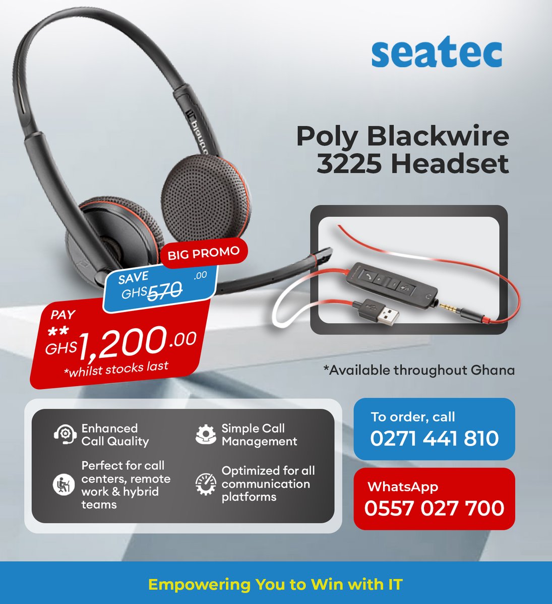 Seatec_Telecom's tweet photo. From GHS 1,770 to GHS 1,200 — Don't Miss This!

We've all been there before. Dropped calls, muffled audio, "sorry, can you repeat that?" on repeat. Fix it for good with the Poly Blackwire 3225, built for remote work, hybrid teams and call centers that can't afford to miss a word. https://t.co/CjyJxmTLrA