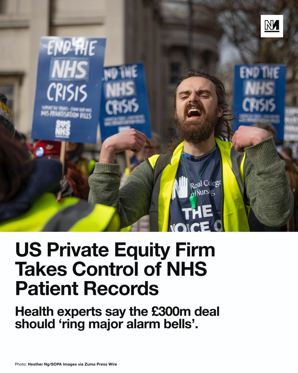 novaramedia's tweet photo. A US private equity firm is set to take control of NHS patient records, sparking further concerns about Britain’s public bodies handing over sensitive personal data to private firms. 

Asset management company TPG acquired healthcare technology business Optum UK earlier this year in a £300m deal that included subsidiary EMIS – the firm that supplies the IT and patient records system used by most GPs in England.

"The GP records of more than half the country sit on a system controlled by a firm whose business model is returns for investors, not care for patients, and the public found out after the fact,” a spokesperson for campaign group Doctors’ Association UK (DAUK) told the Guardian. 

The spokesperson compared the move to spytech giant Palantir’s incursion into the NHS and called for the government to set out what safeguards are in place. 

An investigation by the International Consortium of Investigative Journalists (ICIJ) alleged that TPG-backed firm Evercare had driven patients in Kenya deeper into poverty and debt, with some even asked to hand over land deeds to cover unpaid medical bills.

A TPG spokesperson told the Guardian the company strongly disagreed “with the facts and characterisation of the allegations in the ICIJ’s report” and said its investments in Evercare had led to “substantial gains in quality, accessibility, and accreditations, as well as patient rights and protections.”
 
“Any suggestion that TPG or Evercare prioritises profits over patients is incorrect and ignores the extensive clinical governance and patient’s rights policies we’ve instituted,” they added.
 
Former Oxfam health policy lead Anna Marriott told the Guardian: “It is deeply concerning that a private equity firm with a highly controversial track record in healthcare internationally can take control of sensitive NHS patient data with so little public scrutiny.

“This deal should ring major alarm bells. Private equity’s penetration of our health service is fast outrunning the regulatory guardrails needed to protect patients, workers and the public interest.”

EMIS said "patient privacy" and "rigorous controls" were "core" to its practices and that the acquisition will have no impact on patient privacy. TPG said: “Assertions that TPG could in any way access, control, maintain, or utilise NHS patient records are entirely false."