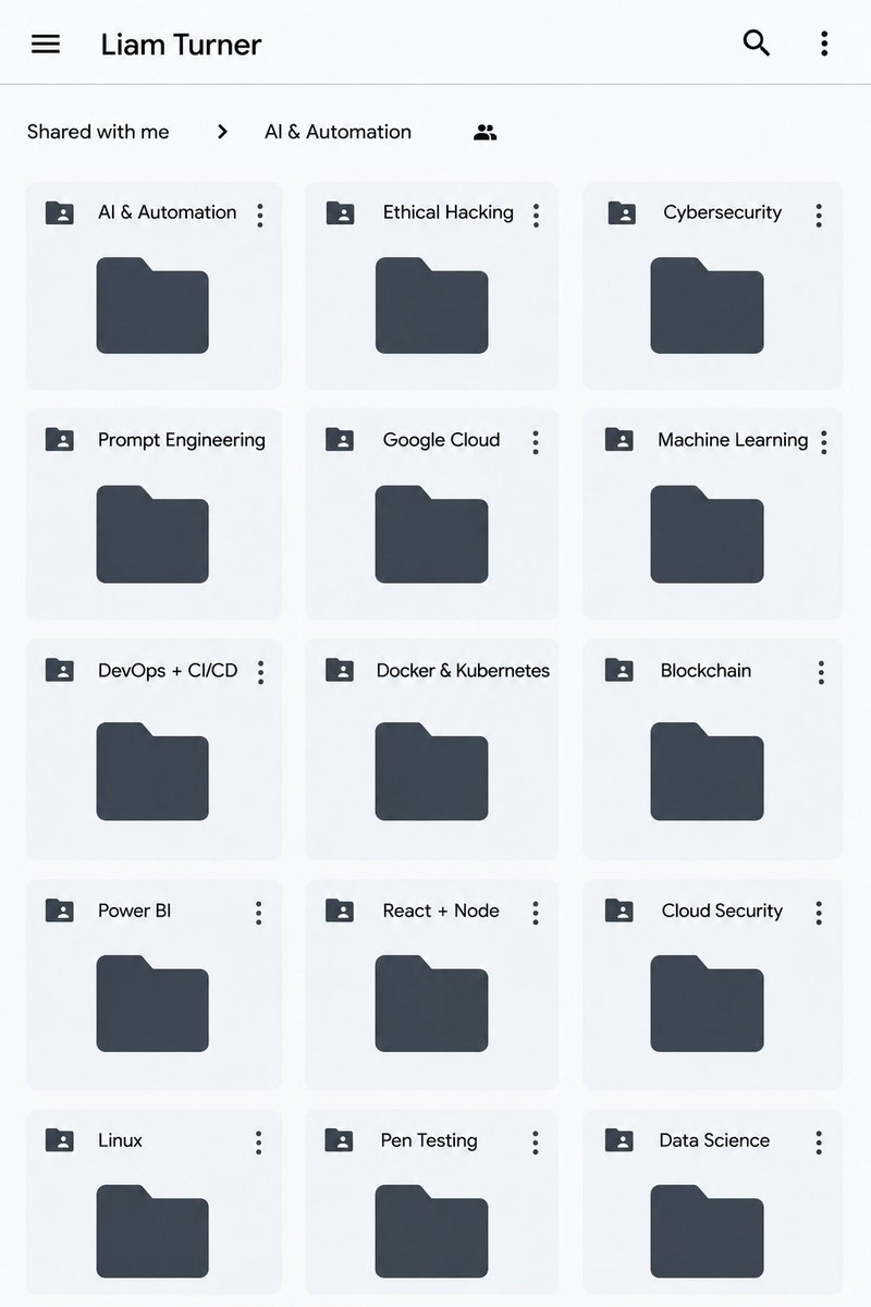 liam_turner_ai's tweet photo. 🔥 People are paying hundreds of dollars for these courses...

You can get them FREE (First 4,500 people only).

🎓 What's inside?

🤖 Artificial Intelligence
🧠 Machine Learning
💬 ChatGPT • Claude • Grok
⚡ Prompt Engineering
📊 Data Analytics
☁️ AWS Certification
📈 Data Science
💾 Big Data
🐍 Python
🛡️ Ethical Hacking

⏰ Available for the next 72 hours.

❤️ Like
🔁 Repost
💬 Comment "Drive"
🔖 Bookmark this post

➕ Follow @liam_turner_ai — I'll DM the access link.
