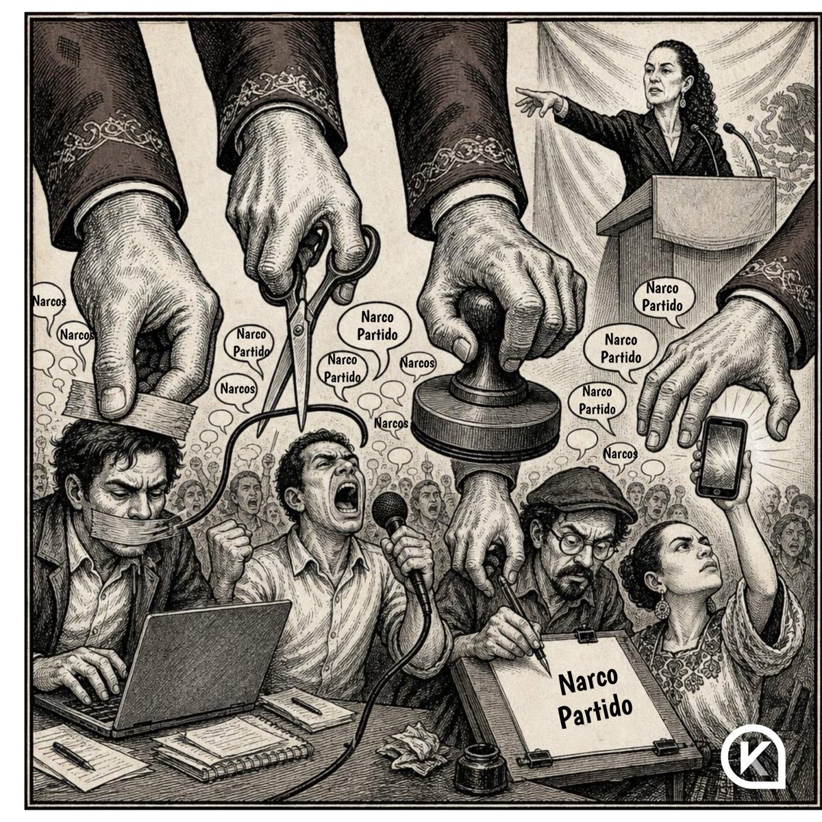 MaxKaiser75's tweet photo. Cuando el Narco Partido Morena habla del “derecho de las audiencias” se refiere a 3 cosas:

1. Poder seguir diciendo mentiras impunemente, todos los días, en el circo mañanero
2. Evitar que sus paleros vean, lean o escuchen la verdad
3. Dejar sin competencia a su multimillonario aparato de propaganda en medios paleros y plataformas pagadas por ellos

Eso, aquí y en cualquier lugar del mundo se conoce como CENSURA

Yo me comprometo contigo: 

A MÍ NO ME VAN A CALLAR 

Una caricatura de @factor_kaiser