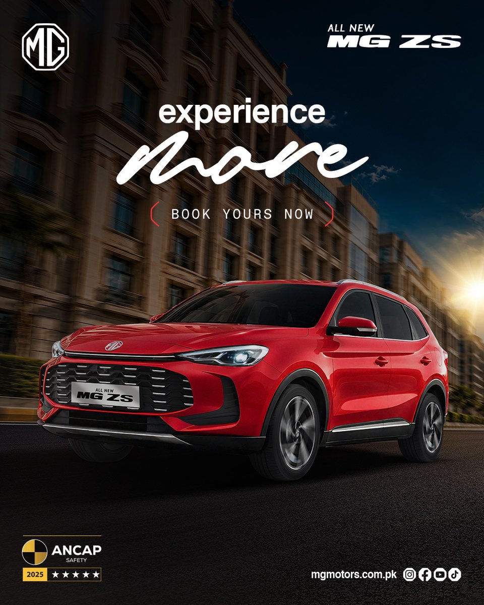 MGPakistan's tweet photo. Designed to deliver more — more style, confidence, and innovation.
The All-New MG ZS comes with a 5-Star ANCAP Safety Rating and advanced features to elevate every journey.
Book yours today.
#MGMotorsPakistan #AllNewMGZS #ExperienceMore https://t.co/wYET04uh5J