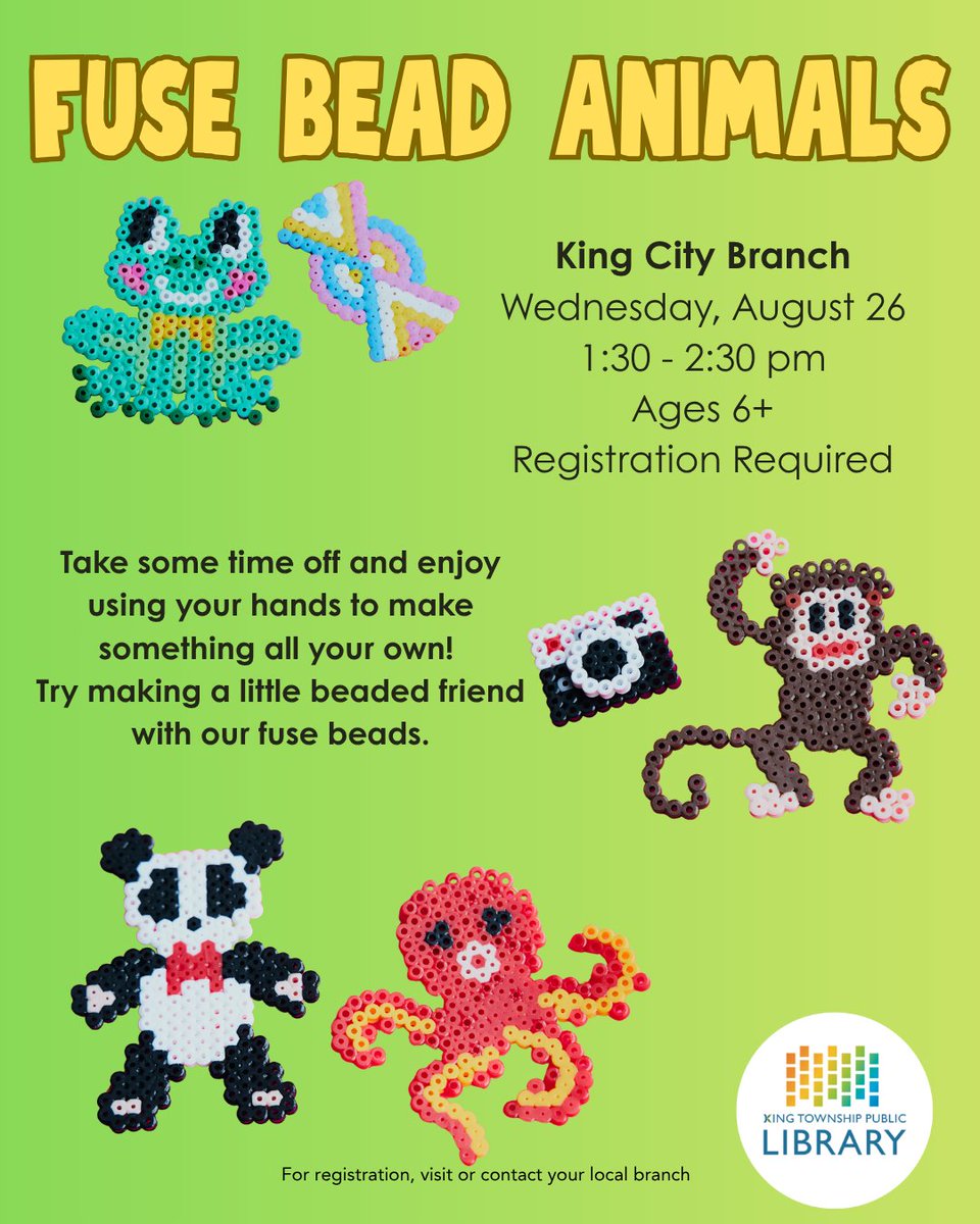 KingLibraries's tweet photo. Join us to make your very own beaded animal friend! 🐸🦋🐟
#FuseBeads #KingLibraries #SummerProgram https://t.co/zh8KWOI4d8