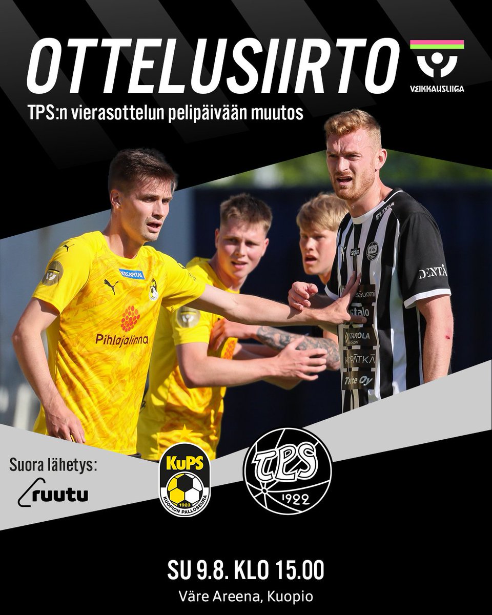 TPSjalkapallo's tweet photo. Veikkausliigan ottelu KuPS–TPS siirtyy pelattavaksi sunnuntaina 9. elokuuta

📝 Lue lisää: https://t.co/NABgCxoEgS

📸 @Tiina_P 
#FCTPS #Veikkausliiga https://t.co/fcuOnw6sDH