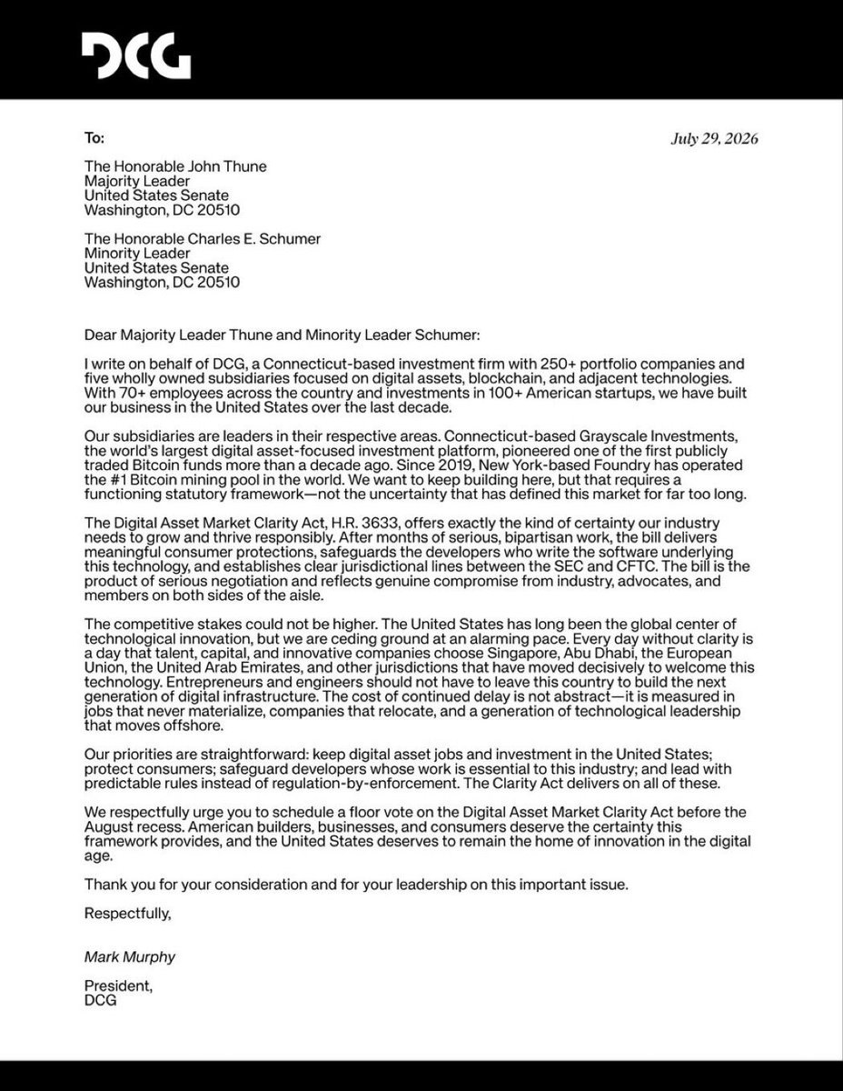Cointelegraph's tweet photo. 🇺🇸 BIG: Crypto investment giant Digital Currency Group (DCG) has urged U.S. Senate leaders to pass the CLARITY Act, calling for clear crypto regulations over regulation-by-enforcement. https://t.co/Lw66DjCfQc