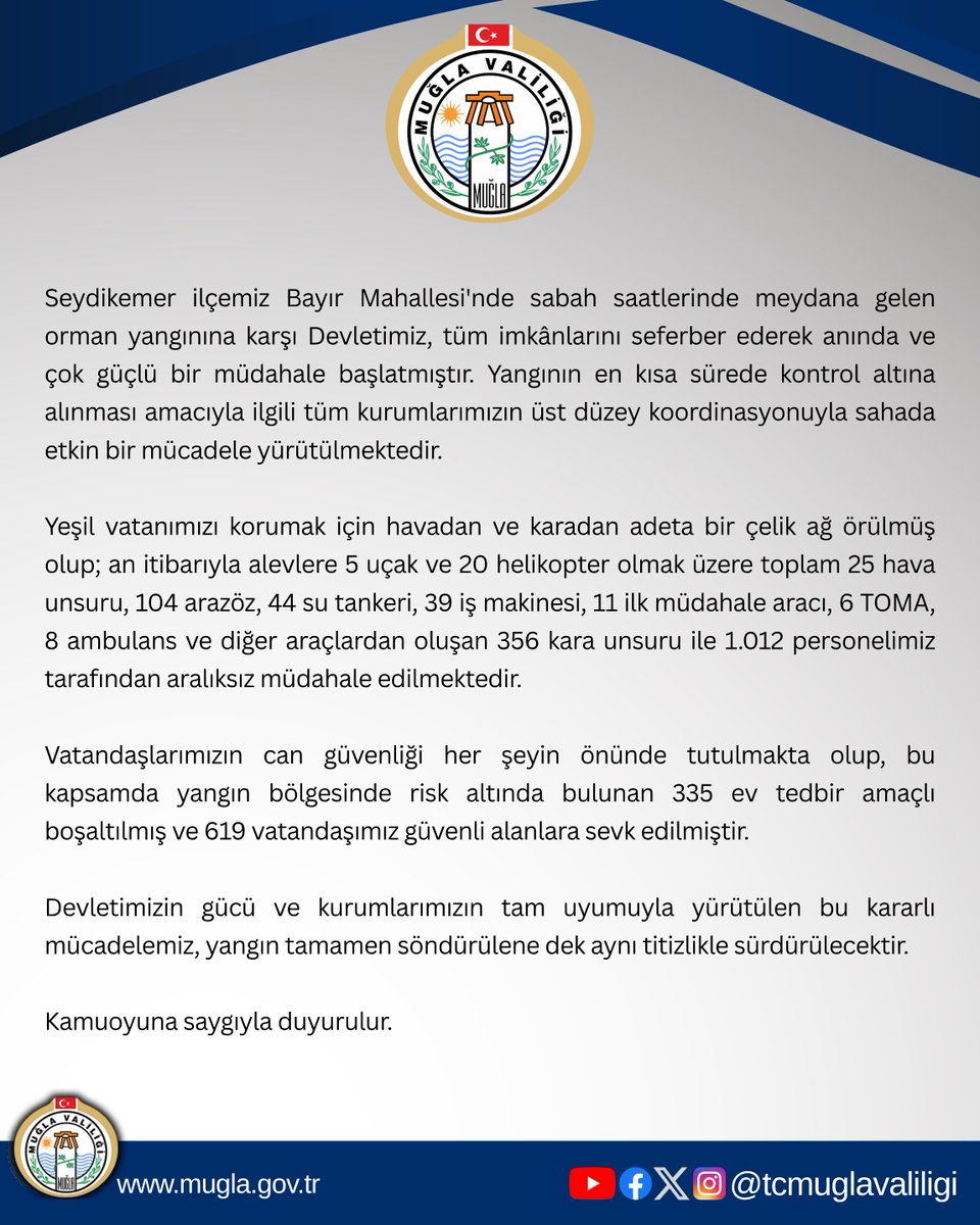 tcmuglavaliligi's tweet photo. Seydikemer ilçemiz Bayır Mahallesi'nde sabah saatlerinde meydana gelen orman yangınına karşı Devletimiz, tüm imkânlarını seferber ederek anında ve çok güçlü bir müdahale başlatmıştır. Yangının en kısa sürede kontrol altına alınması amacıyla ilgili tüm kurumlarımızın üst düzey koordinasyonuyla sahada etkin bir mücadele yürütülmektedir.

Yeşil vatanımızı korumak için havadan ve karadan adeta bir çelik ağ örülmüş olup; an itibarıyla alevlere 5 uçak ve 20 helikopter olmak üzere toplam 25 hava unsuru, 104 araz��z, 44 su tankeri, 39 iş makinesi, 11 ilk müdahale aracı, 6 TOMA, 8 ambulans ve diğer araçlardan oluşan 356 kara unsuru ile 1.012 personelimiz tarafından aralıksız müdahale edilmektedir.

Vatandaşlarımızın can güvenliği her şeyin önünde tutulmakta olup, bu kapsamda yangın bölgesinde risk altında bulunan 335 ev tedbir amaçlı boşaltılmış ve 619 vatandaşımız güvenli alanlara sevk edilmiştir.

Devletimizin gücü ve kurumlarımızın tam uyumuyla yürütülen bu kararlı mücadelemiz, yangın tamamen söndürülene dek aynı titizlikle sürdürülecektir.

Kamuoyuna saygıyla duyurulur.

@idrisakbiyik
@TcSeydikemerKym
@mustafaulkudur1
@muglaobm