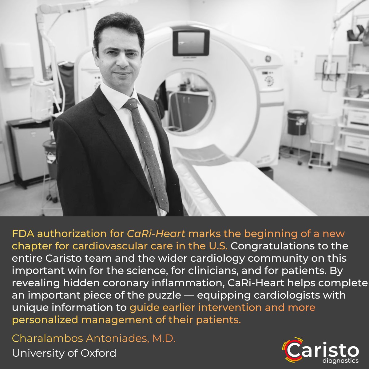 CaristoHeart's tweet photo. Caristo’s CaRi-Heart® debuts in the U.S.! A landmark moment for #cardiovascularcare — and a major win for science, clinicians, and patients!  🎉CaRi-Heart has received U.S. FDA De Novo authorization, becoming the first and only technology authorized in the U.S. to detect and quantify coronary inflammation from routine coronary CT angiography (CCTA).  

This milestone reflects more than a decade of pioneering science, relentless work, and shared belief in a future where cardiovascular disease can be detected earlier, treated more personally, and patients can live longer, healthier lives.  

Read the full announcement: https://t.co/bhwzypkL6D #CaRiHeart #CaristoDiagnostics #CoronaryInflammation #FAIScore #PreventiveCardiology #CardiacCT #AIinHealthcare #MedTech #FDA #Cardiology