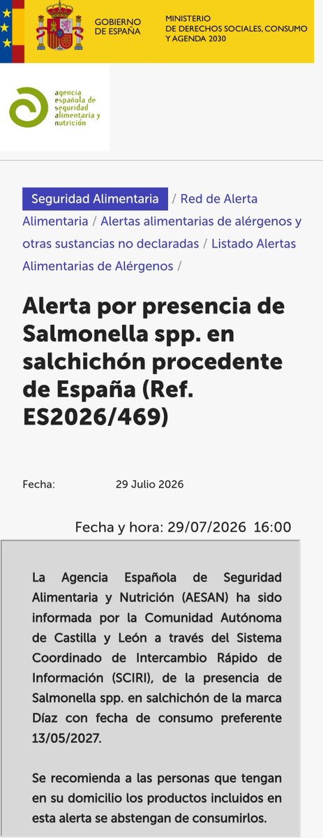 AESAN_gob_es's tweet photo. ⚠️ Alerta por presencia de Salmonella spp. en salchichón.
🚫 No consumir
▶️ Nombre: Vela ibérica salchichón
▶️ Marca: Díaz
▶️ Número de lote: 260513
📌 https://t.co/BjUwNPaZQs https://t.co/f9kUZgi8GH