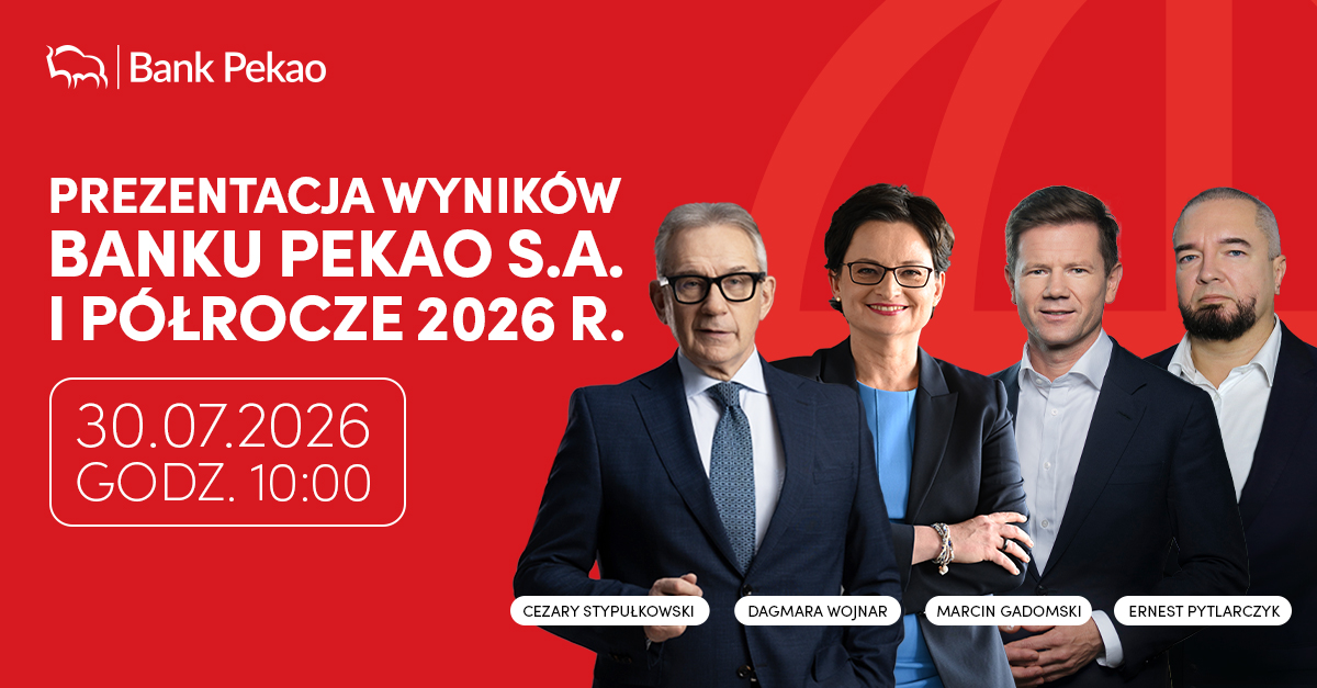 BankPekaoSA's tweet photo. Jutro, 🕙o godz. 10:00, wyniki finansowe Banku Pekao za I półrocze 2026 r. przedstawią: Cezary Stypułkowski, Dagmara Wojnar, Marcin Gadomski oraz Ernest Pytlarczyk @Pekao_Analizy.
Konferencja będzie dostępna online 
🔗https://t.co/xvO9O1dX2f i naszym profilu X. 
#Pekao #bankowość #finanse #wynikifinansowe