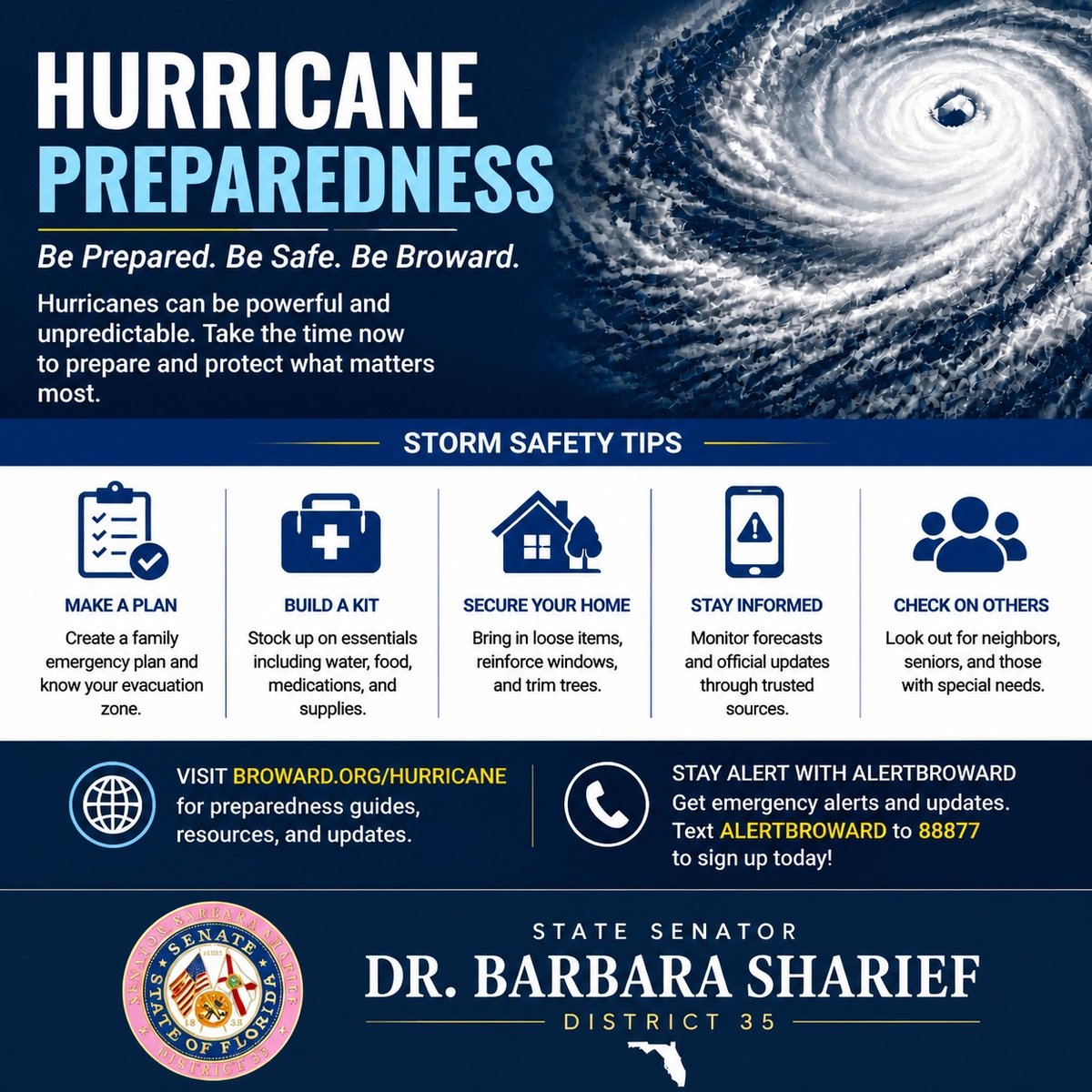 Barbarasharief's tweet photo. Peak hurricane season is here! Visit https://t.co/mbI4gn8YpX for storm safety tips. Text "AlertBroward" to 88877 for real-time alerts. Stay safe, District 35! #HurricanePreparedness #District35 https://t.co/rHO1yD3o92