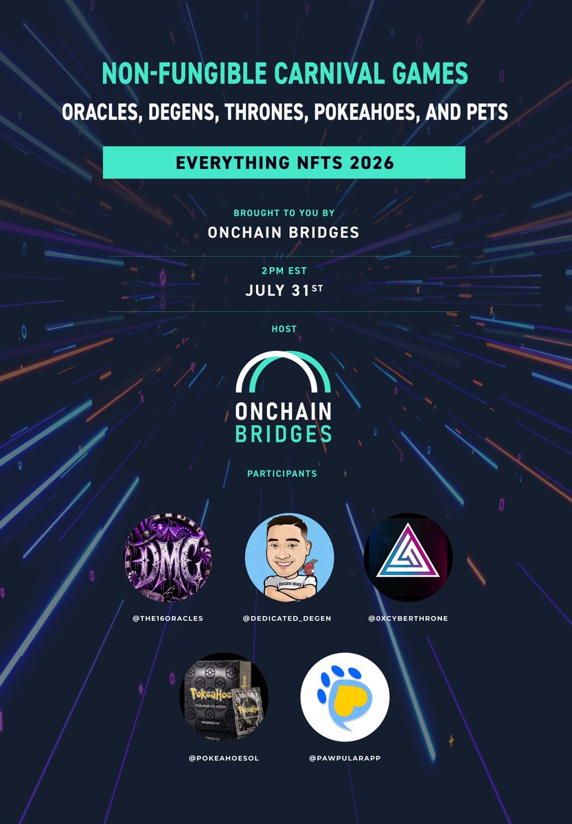 OnchainBridges's tweet photo. 🎙️ Twitter Space AMA - This Friday

Theme: Non-Fungible Carnival Games: Oracles, Degens, Thrones, Pokeahoes, and Pets

📅 Friday, July 31, 2026
⏰ 2 PM EST
Guests:
🎪 @the16oracles
🩴 @dedicated_degen
👑 @0xcyberthrone
🃏 @pokeahoesol
🐾 @PawpularApp

We’re talking dark carnival lore, degen meme culture, Web2/Web3 bridge-building, Solana token identity, and walk-to-earn pet rewards.
AMA link: https://t.co/VVw5dQWDDu
