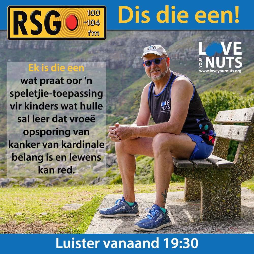 LoveYourNuts's tweet photo. To all our Afrikaans speaking followers: Luister vanaand 19:30 op @zarsg  - dis die een! Want ek is die een wat praat oor 'n speletjie-toepassing vir kinders wat hulle sal leer dat vroeë opsporing van kanker van kardinale belang is en lewens kan red.    

#kanker #RSG https://t.co/Rpjg8hTscT