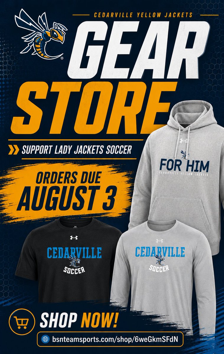 CedarvilleWS's tweet photo. The Cedarville Women's Soccer Team Store is NOW OPEN! 🐝💛

Stock up on your Yellow Jackets gear before the store closes August 3 at MIDNIGHT. No late orders can be accepted!

🛒 Shop here: https://t.co/lqgruYS01R https://t.co/GtxfAHmDyB