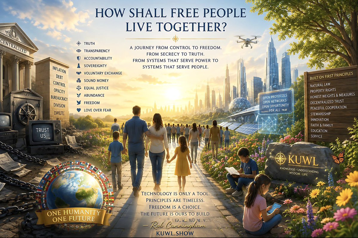 KuwlShow's tweet photo. Before there were blockchains…

Before artificial intelligence…

Before digital currencies…

There was a question.

Not a technological question.

A human one.

How do free people build systems that remain free after their creators are gone?

That question sits beneath nearly every conversation about money, technology, governance, artificial intelligence and civilization itself.

Every civilization eventually discovers the same uncomfortable truth:

The greatest danger is rarely a lack of technology.

It is the concentration of invisible power.

History repeats because systems slowly drift from serving people to requiring people to serve them.

Currencies become instruments of control.

Institutions become ends unto themselves.

Information becomes curated instead of discovered.

Trust becomes demanded instead of earned.

My @KuwlShow journey didn’t begin with crypto, AI or politics.

It began with a simple observation.

Nature never negotiates with mathematics.

Gravity has no political party.

The speed of light never asks permission.

Truth simply is.

Perhaps every enduring human system succeeds only to the extent it aligns itself with immutable reality.

Viewed through that lens, today’s seemingly disconnected innovations begin telling one remarkable story.

The Internet connected information.

Artificial Intelligence connects knowledge.

Distributed ledgers connect ownership.

Atomic settlement connects value.

Digital identity connects accountability.

Individually, each solves a different problem.

Collectively, they may represent civilization’s gradual transition from trust in institutions toward trust in transparent rules.

Again and again, the answers point back to timeless first principles:

• Honest weights and measures.
• Transparent accounting.
• Property rights.
• Voluntary exchange.
• Personal sovereignty.
• Equal application of rules.

These ideas are ancient.

The technology is new.

The principles are not.

Blockchain is not the revolution.

Artificial intelligence is not the revolution.

They are extraordinary tools.

The deeper revolution is philosophical.

A gradual return toward systems designed around objective reality instead of subjective authority.

That is why conversations about payments, AI governance, cybersecurity, constitutional liberty, open protocols, energy and decentralized infrastructure continually intersect.

They are all asking the same question from different directions.

How can civilization become more transparent…

More accountable…

More resilient…

More voluntary…

More worthy of the people it serves?

Technology alone cannot answer that.

Neither can politics.

Neither can wealth.

Only enduring principles survive every generation.

Technology merely reveals whether we chose to build upon them.

So perhaps the most important question isn’t whether blockchain succeeds.

Or AI succeeds.

Or digital assets succeed.

Perhaps the question is much older than any of them.

How shall free people live together?

Everything else may simply be another chapter in humanity’s search for that answer.

- Rob Cunningham
https://t.co/UBaHB1uzlB