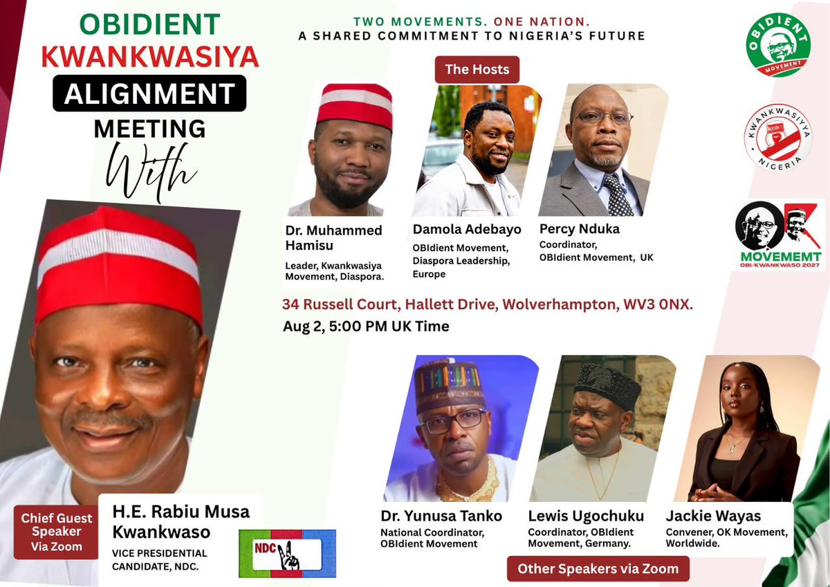 OK2027movement's tweet photo. 🇬🇧 The United Kingdom is ready!

The OK Movement invites everyone to join us on 2nd August 2026 as we discuss Alignment and the road ahead.

Chief Speaker: His Excellency, Senator Rabiu Musa Kwankwaso.

Every voice matters. Every person is important. Together, we can build the movement to rescue Nigeria.

Date : 2nd August 2026

📍 Venue: 34 Russell Court, Hallett Drive, Wolverhampton, WV3 0NX, United Kingdom.

#NigeriaWillBeOK2027