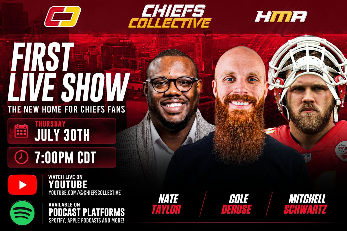 hbtCHIEFS's tweet photo. 🚨New weekly show with @ChiefsHMA 🚨

"Chiefs Collective" featuring @ByNateTaylor, @MitchSchwartz71 and me debuts Thursday night!

Moving forward these should be on Tuesdays but the first one is Thursday, July 30th at 7pm on YT (we'll be live).

Sub here: https://t.co/KPZftnwAp3 https://t.co/FMJH5EvHhx