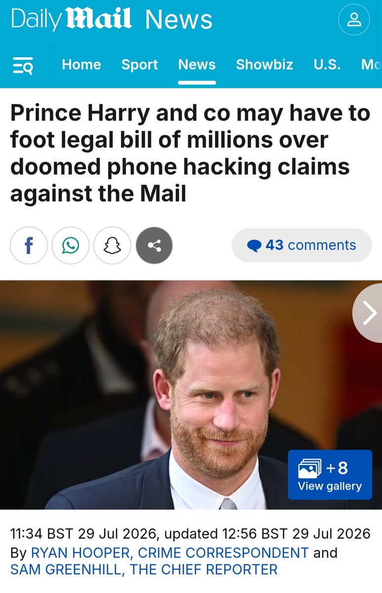 Canellelabelle's tweet photo. Today, the High Court officially estimated the bill for the £50 million hacking case brought by Prince Harry, Baroness Doreen Lawrence, Sir Elton John and his husband, model Elizabeth Hurley, actress Sadie Frost and former Lib Dem minister Sir Simon Hughes.
   £34.5 million is the staggering, yet "Reasonable" amount those 7 owe to AN.
 Of the 7 claimants, 6 reportedly have an insurance cover of £2.7 million each. Now IF their insurance claims are accepted, they will owe £16.2 million to cover Associated's legal costs👌🏽
    Futhermore, in today's court proceedings, Associated's lead barrister Antony White KC revealed in his statement that this bogus lawsuit was actually part of a bigger ploy to bring down the Mail.
"The plot to bring down the Mail – codenamed Operation Bluebird – formed part of a political strategy to pressure the Government into holding a second Leveson inquiry, the court heard." His statement reads🔥
   It all makes sense now. The original Leveson Inquiry came out of Prince William original Hacking case of 2005 where his legal team proved with substantial evidences that News to the world, had indeed conducted surveillance and hacking to illegally obtain information on him.
   The massive case resulted in the closure of News to the World and the Leveson inquiry, a government inquiry into Media Practices.
Prince William later received a settlement for the breach of his and Catherine's privacy, as he was hacked 39 times, his girlfriend 155 times.
   This is the blueprint that Harry and his legal team attempted to copy. He wanted a resounding win that would result in the Mail being closed, a bigger money settlement paid to him and a second government Leveson inquiry.
He failed on the entire line😏
     But Once again, Harry shows how much his life is centered on William and his need to appropriate his brother's life story. If William has it, or did it, Harry needs to have it and do it too:
  •William wrote to the press to leave Catherine alone due to their documented harrassment of her for 5 years; Years later, Harry wrote to the press to stop harrassing meghan when there was never any documented evidences harrassment. Actually, It was meghan who leaked to the press that she was dating Harry when no one knew😏
•William and Catherine almost had a Car crash in London back in 2007, following a paparazzi car chase that made the news; years later, H&m invent that they almost died in a paparazzi car chase in NY that never happened.
•William brought a lawsuit against the press in a massive hacking case that resulted in the leveson inquiry. 20 years later, Harry brought the same lawsuit and wanted a second leveson inquiry.
   The difference is William's team proved that Hacking and surveillance did take place. 
   Harry's team did not have any evidences, and were found forging evidences, withholding evidences and making false accusations and use publicity in the press to compensate for what they could not prove in court with evidences🔥 
And still they failed.
    Every single time, Harry is found lying or cheating his way through Life, because on merit, Harry never wins in life. His royal privileges are the only reason he continues to "Fail upward" in life☕️