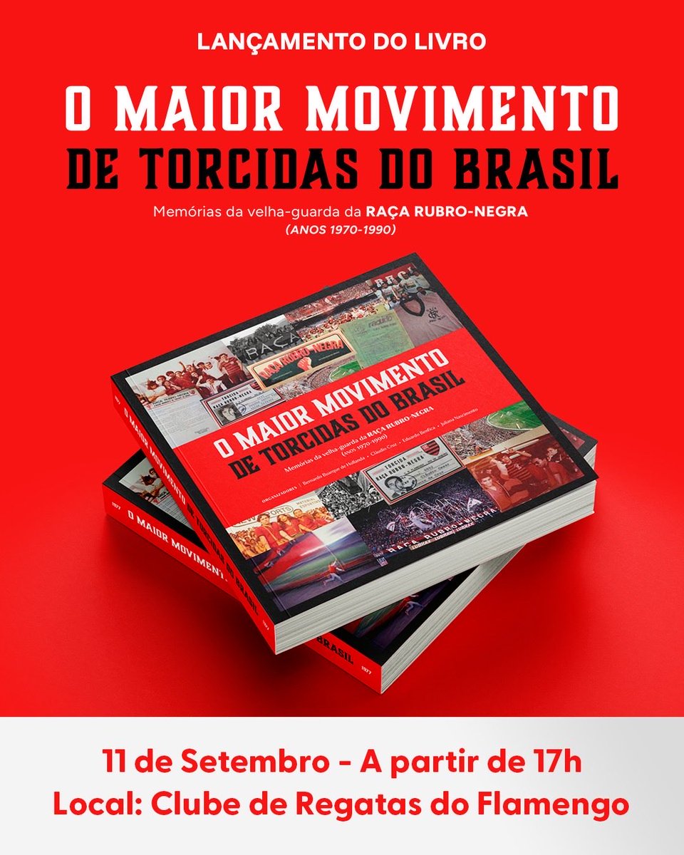 oficial_rrn's tweet photo. VEM AI: dia 11 de setembro, sexta-feira, a partir de 17h, na sede do Clube de Regatas do Flamengo, será lançado o livro O MAIOR MOVIMENTO DE TORCIDAS DO BRASIL (MEMÓRIAS DA VELHA GUARDA DA RAÇA RUBRO-NEGRA).  

Organizado por Bernardo Buarque de Holanda, Cláudio Cruz, Eduardo Benfica e Juliana Nascimento, a obra resgata a história do pulmão da arquibancada e convida o leitor a uma viagem no tempo. Fruto de anos de pesquisa de Bernardo e Juliana, o livro será um marco na história da torcida, fazendo com que os casacas vermelhas e simpatizantes conheçam os bastidores do nascimento e dos primeiros anos do movimento que se tornou a vanguarda das arquibancadas. 

A BATERIA FORTE da RAÇA RUBRO-NEGRA estará presente ditando o ritmo do evento. 

Vista sua casaca vermelha e vem fazer parte de mais um capítulo dourado dessa história.