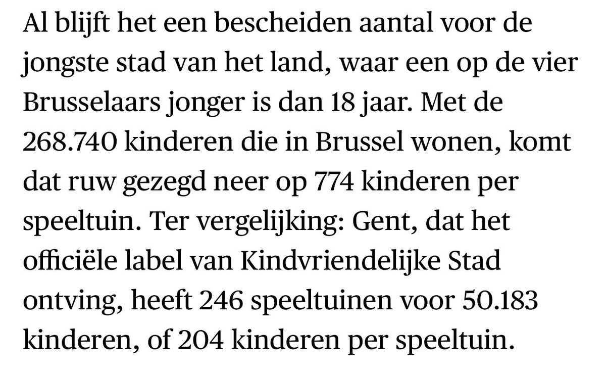 JanWostyn's tweet photo. Dit is weer zo’n typisch Brussels voorbeeld van de onzin van die dubbele laag.

« Aantal speeltuinen kennen we niet met zekerheid want misschien zijn er bijgekomen of verdwenen in één van de 19 gemeenten, maar ja, dat weten wij niet met zekerheid. »

Bravo.

Een Gewest waarin 19 gemeenten hun goesting doen. En dan verwonderd zijn dat het handenvol geld kost en nog steeds niet werkt.

En uiteraard hebben de rijke gemeenten wél geld voor speeltuintjes en de arme gemeenten, waar de nood veel hoger is, waarschijnlijk niet.

In Gent weten ze wél hoeveel er zijn. Dat is handig natuurlijk met 1 bestuursniveau.

Bijna 4 keer meer kinderen per speeltuin in Brussel dan in Gent.

Maar ja, Kanal moest er per se komen voor 250 miljoen euro.

Quelle honte.