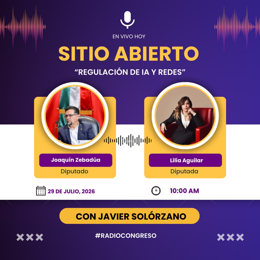 esbarajas's tweet photo. #SITIOABIERTO
Con @JavierSolorzano🎙️

📌Tema: REGULACIÓN DE IA Y REDES 🤖🛜📲📶🧐⁉️🤔

En este momento:
✔️ Dip. @JoaquinZebadua 
✔️ Dip. @liliaaguilarmx 

Espacio de análisis y diálogo, ¡No te lo pierdas! 😉

➡️ https://t.co/vuB182MpHX

@CanalCongreso📺
@RaulPazMx 🫡 https://t.co/wrI9fPapcU