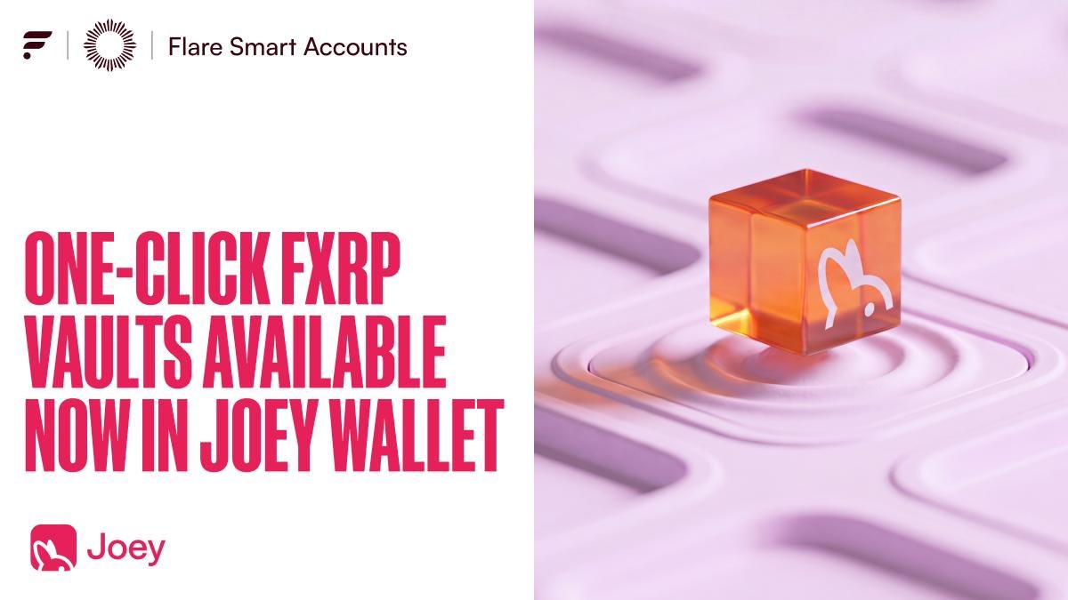 JoeyWallet's tweet photo. FXRP vaults are now in @JoeyWallet.

Mint FXRP and deposit into a curated vault without leaving Joey.

One signature, non-custodial, no dApp fees. Onboarding in under 3 seconds. No seed phrase, no KYC.

Joey's XRPL hub now reaches Flare DeFi 🤝 https://t.co/9w9Ss5XFaV