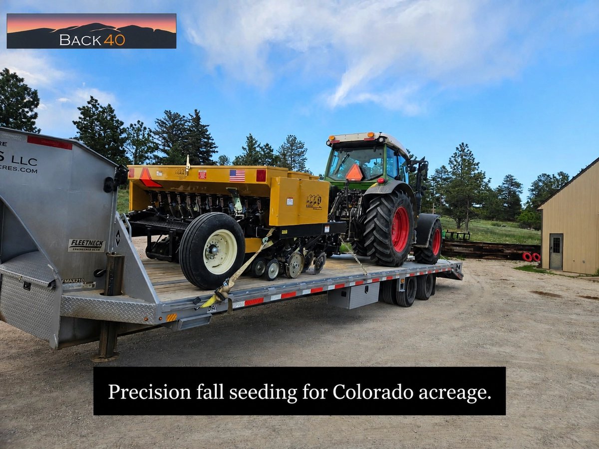 Back40LLC's tweet photo. Fall seeding starts with the right equipment. Our Truax seeder ensures perfect seed-to-soil contact for a healthier pasture. August and September slots are filling fast. Book your evaluation today! #ColoradoLand #Seeding https://t.co/wRfLxrd1iv