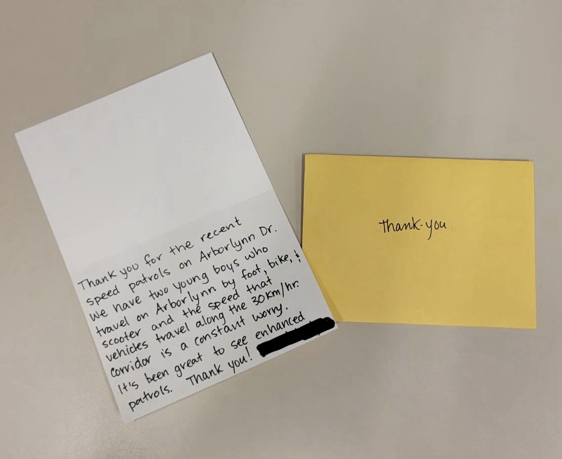 nvanrcmp's tweet photo. Sometimes the smallest gestures have the biggest impact. 💙

After our officers conducted speed enforcement in the playground zone on Arborlynn Drive, they returned to find this heartfelt thank you note waiting on their police vehicle.

To the resident who took the time to write it, thank you. Your kind words mean a great deal to our officers.

Keeping our neighbourhoods safe, especially where children walk, bike, and play, is why we do what we do. We are grateful for the support of our community and will continue working together to make our roads safer for everyone. 🚔