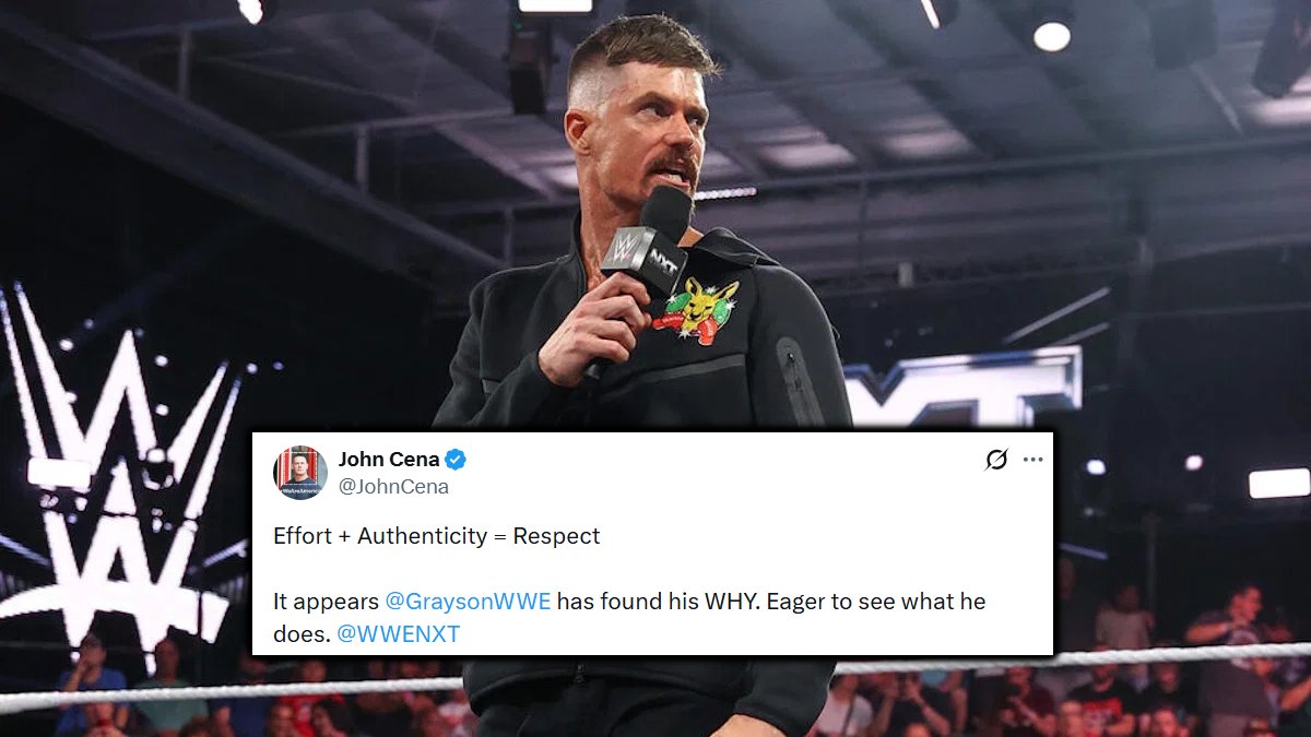 WrestleTalk_TV's tweet photo. John Cena is the latest WWE legend to praise Grayson Waller after his promo on last night's NXT 👏👏 https://t.co/j974Gr4VYO