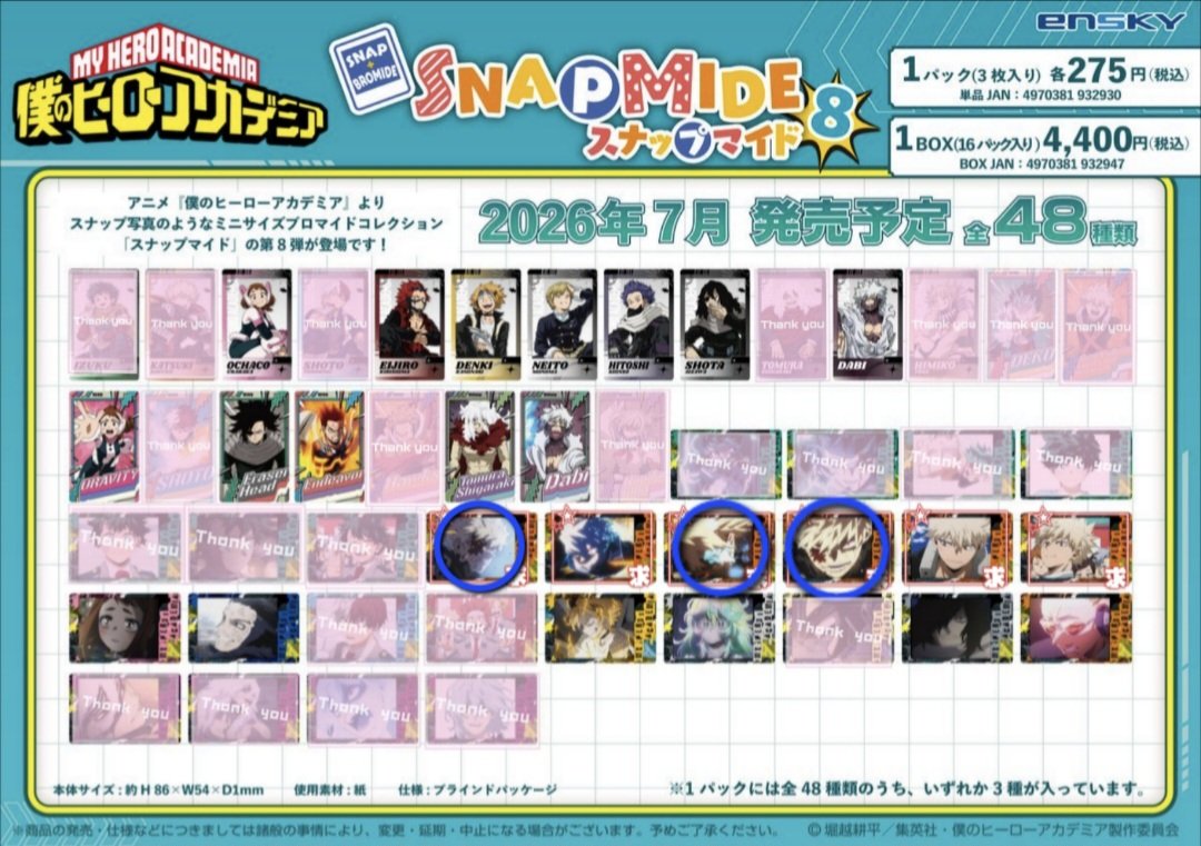 j5E64u's tweet photo. 【交換】僕のヒーローアカデミア ヒロアカ スナップマイド スナマイ 8

譲│画像各1
(麗日 切島 上鳴 物間 心操 相澤 死柄木 荼毘 エンデヴァー 飯田 葉隠 プレゼントマイク)

求│爆豪 場面写 青マル3種>求の絵柄4種

✧青マル含む交換優先
✧身内分にて探しております

お気軽にお声掛けください🌸 https://t.co/t4p4JFKOPM